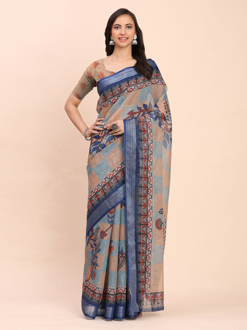Shree Shyam Fashion Linen Cotton Cream Saree | Grocsy