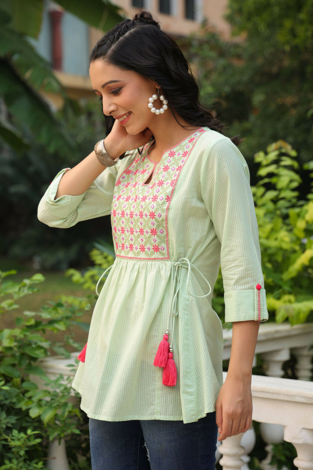 Juniper Women's Green Cotton Dobby Solid Embroidered Straight Tunic | Grocsy