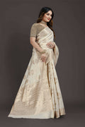 Off White Pure Raw Silk Zari Woven Saree with Unstitched Blouse Piece - Alisha | Grocsy