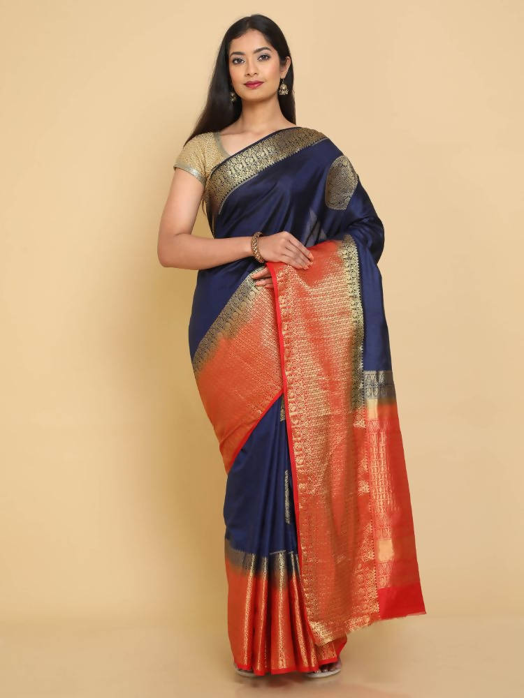 Kalamandir Woven Design Navy Blue Silk Blend Saree | Grocsy