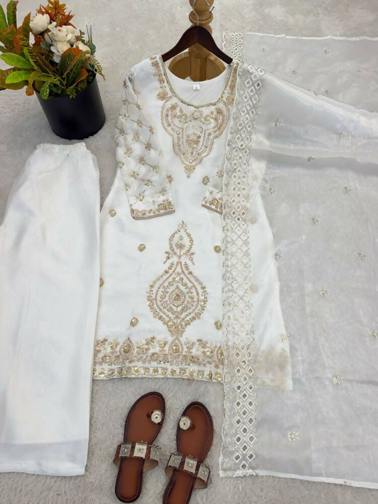 Teeya Creation White Color Gimmychu Silk Embroidery Work Wedding Wear Salwar Suit | Grocsy
