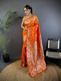 Elora Orange Soft Silk Floral Zari Weaving Meenakari Saree With Floral Border | Grocsy
