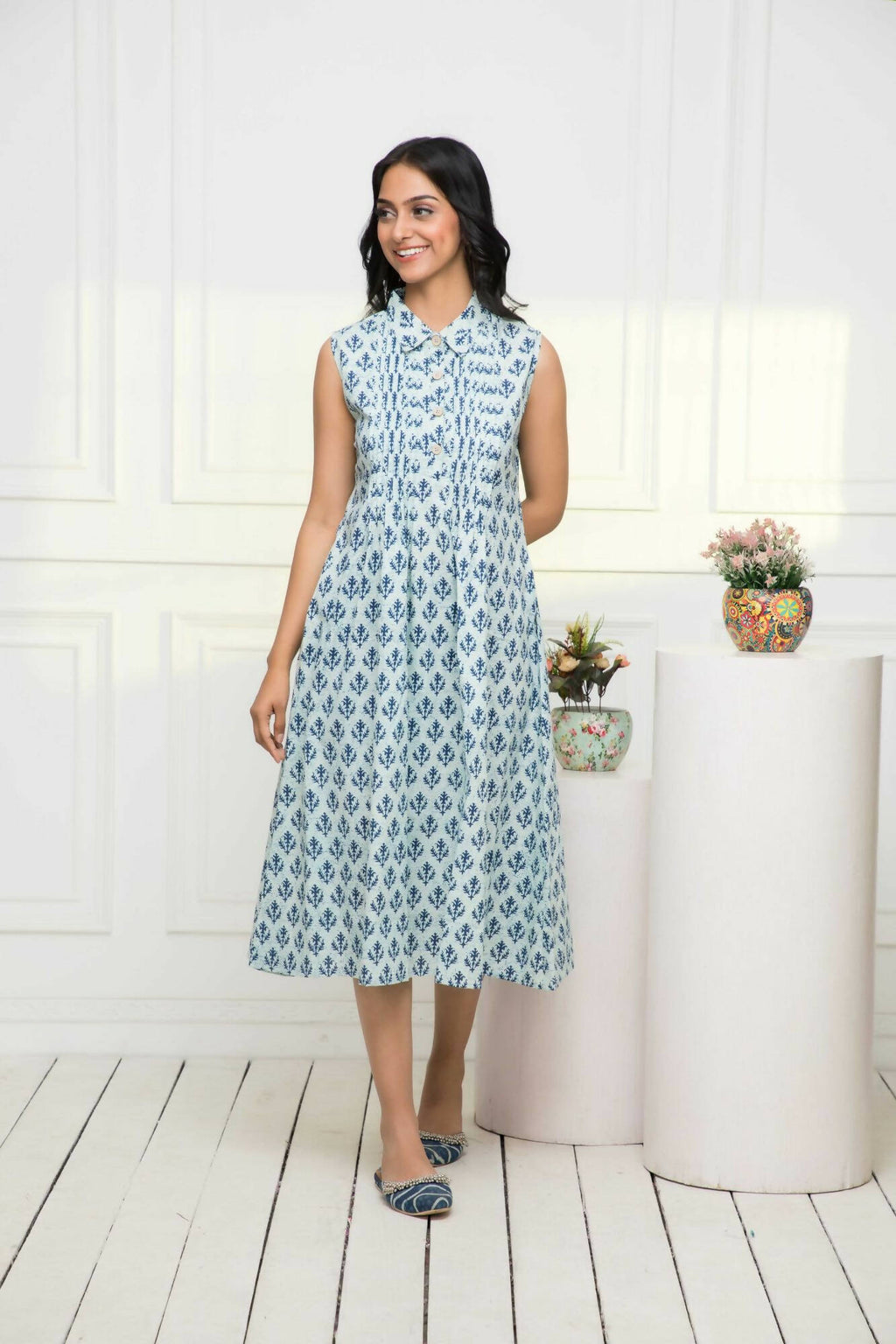 Myshka Women Blue Ethnic Motifs Cotton A-Line Mandarin Collar Dress | Grocsy