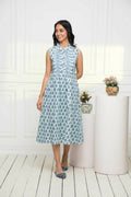Myshka Women Blue Ethnic Motifs Cotton A-Line Mandarin Collar Dress | Grocsy