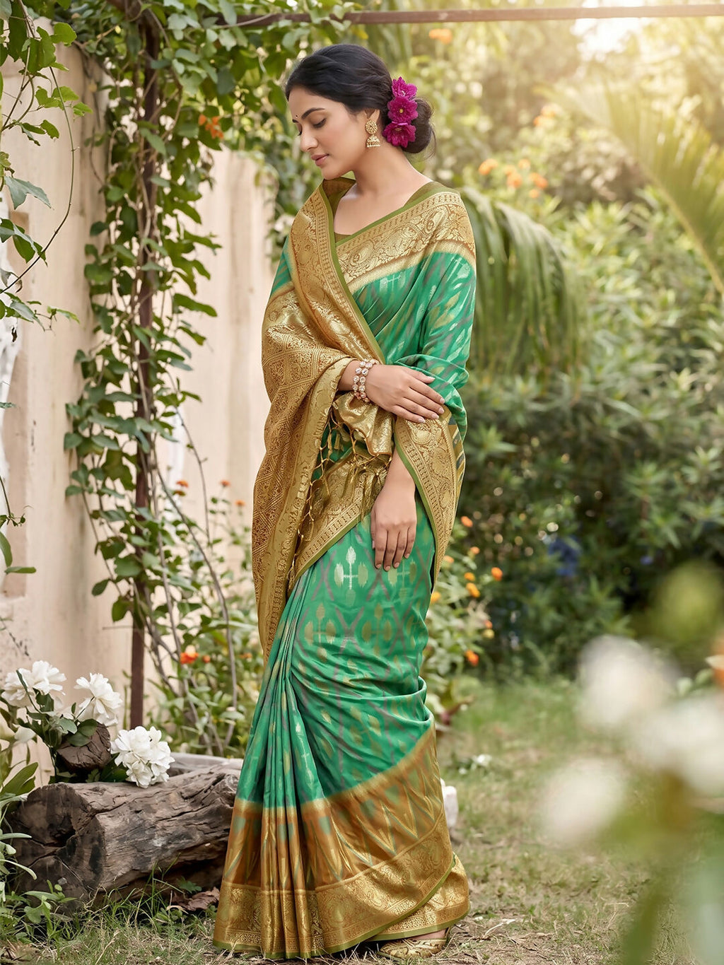 Shree Shyam Fashion Rama Green Soft Silk Saree | Grocsy