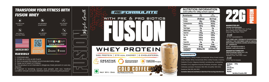 Reformulate Fusion Whey Protein With Pre & Pro Biotics I Muscle Growth I 58G Protein | 379 Kcal Energy - Cold Coffee | Grocsy