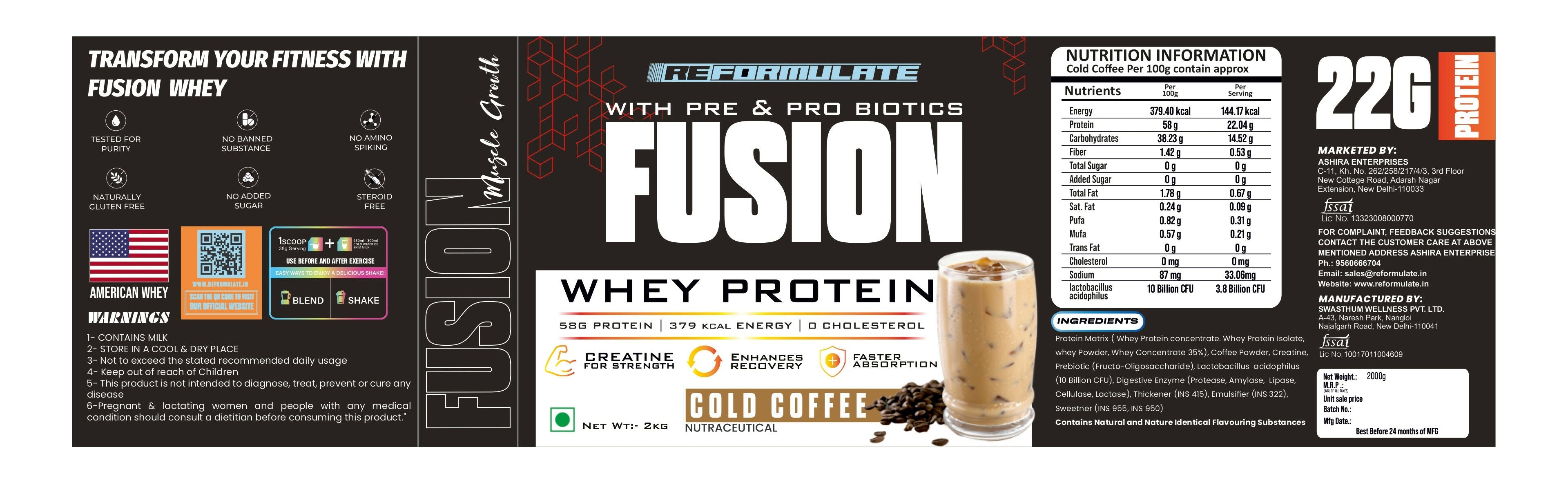 Reformulate Fusion Whey Protein With Pre & Pro Biotics I Muscle Growth I 58G Protein | 379 Kcal Energy - Cold Coffee | Grocsy