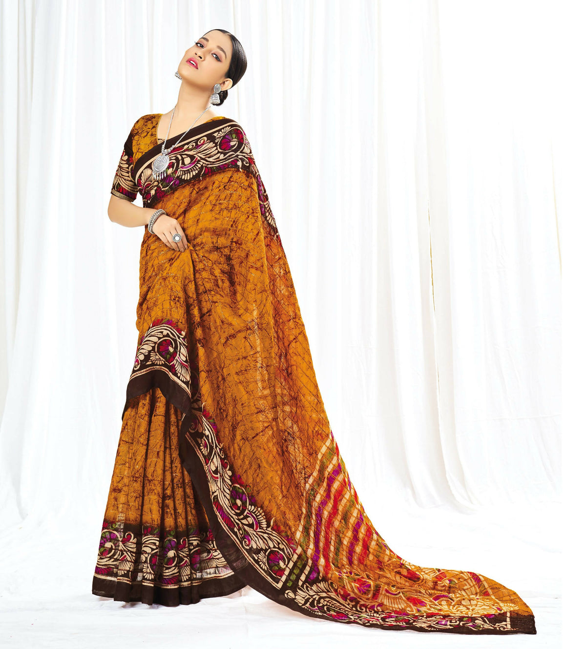 Mustard Chanderi Cotton Floral Printed Saree With Unstitched Blouse Piece - Kathika | Grocsy