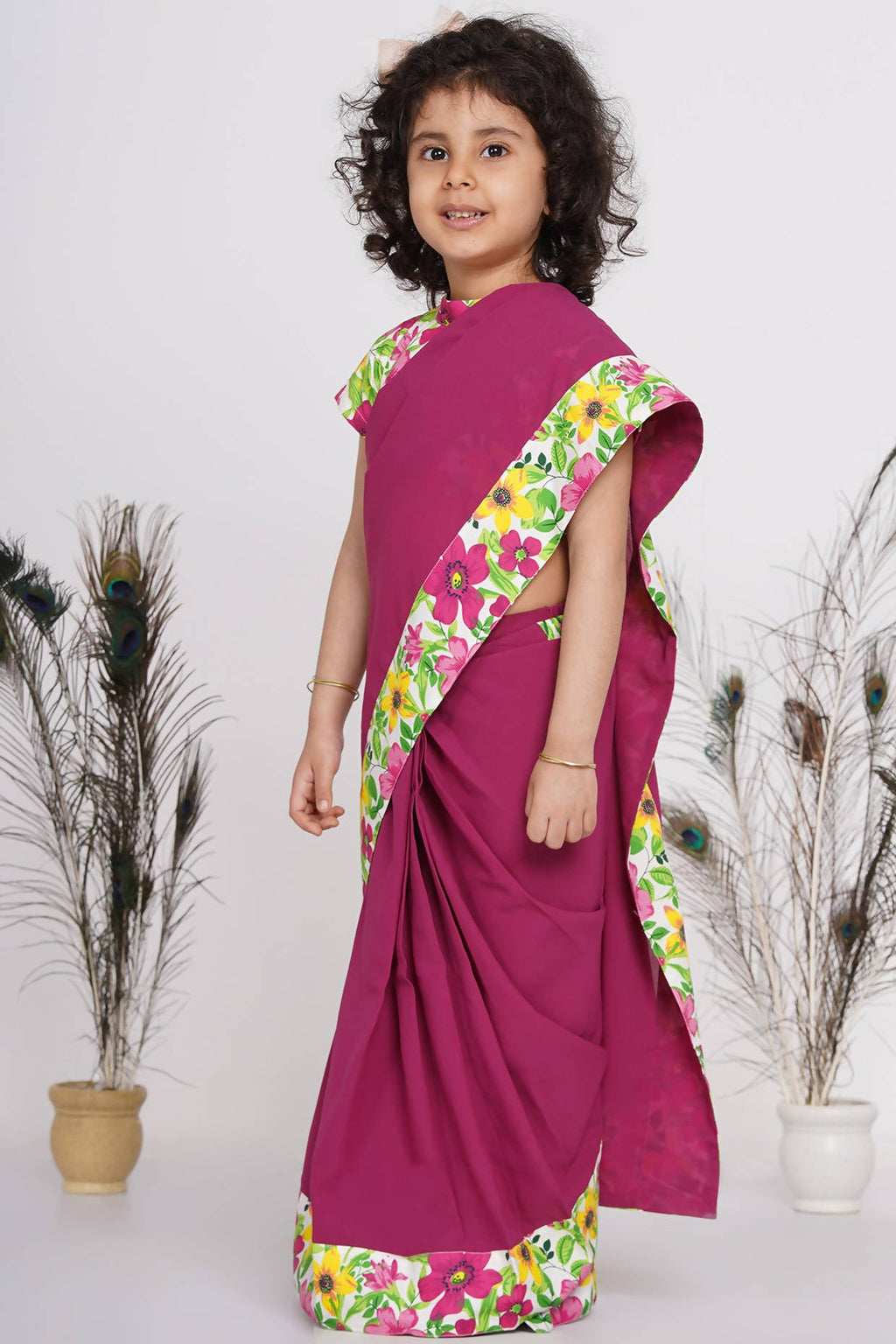 Little Bansi Girls Floral Print Ready to Wear Saree and Floral Blouse - Magenta | Grocsy