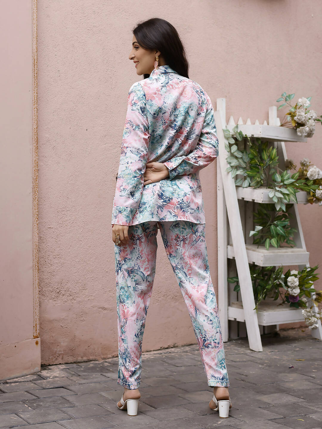 Blue & Pink Rayon Floral Printed Top with Matching Bottom - Eesha | Grocsy
