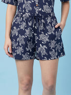 Breathables Woven Cotton Half Sleeves Turtle Shorts Set Blue | Grocsy