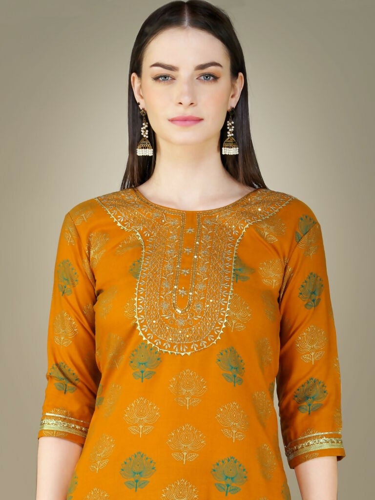 Jyoti Fashion Women's Yellow Cotton Magic Slub Embroidery & Sequence work Kurta with Trouser & Dupatta | Grocsy
