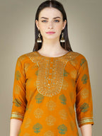 Jyoti Fashion Women's Yellow Cotton Magic Slub Embroidery & Sequence work Kurta with Trouser & Dupatta | Grocsy