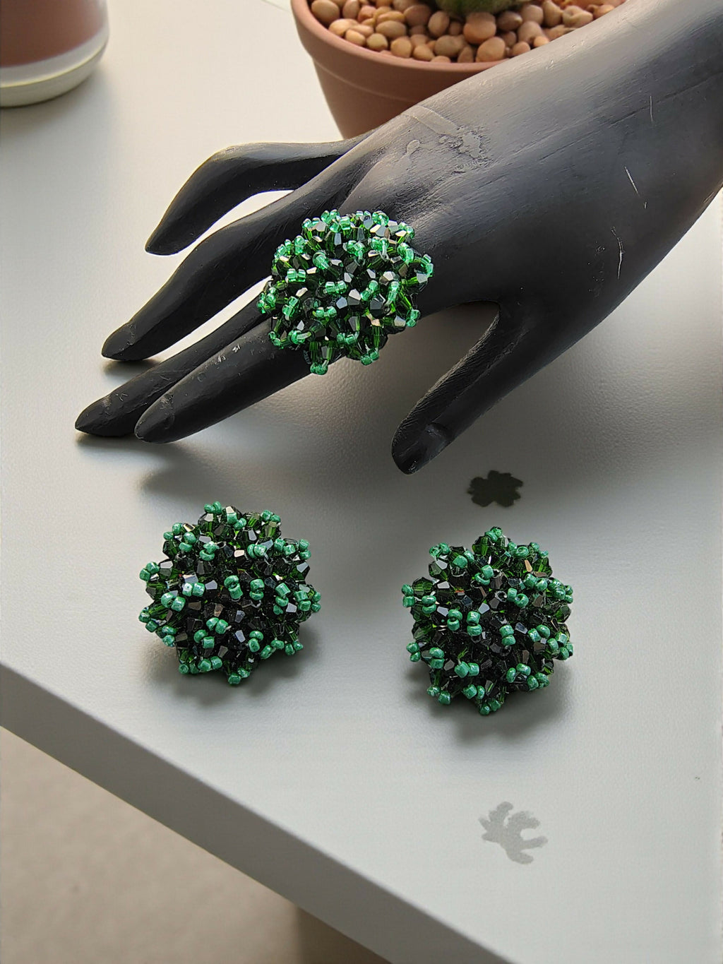 Inhanns Rangmani Crystal Duo – Adjustable Ring + Statement Earrings Set - Dark Green | Grocsy