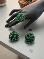 Inhanns Rangmani Crystal Duo – Adjustable Ring + Statement Earrings Set - Dark Green | Grocsy