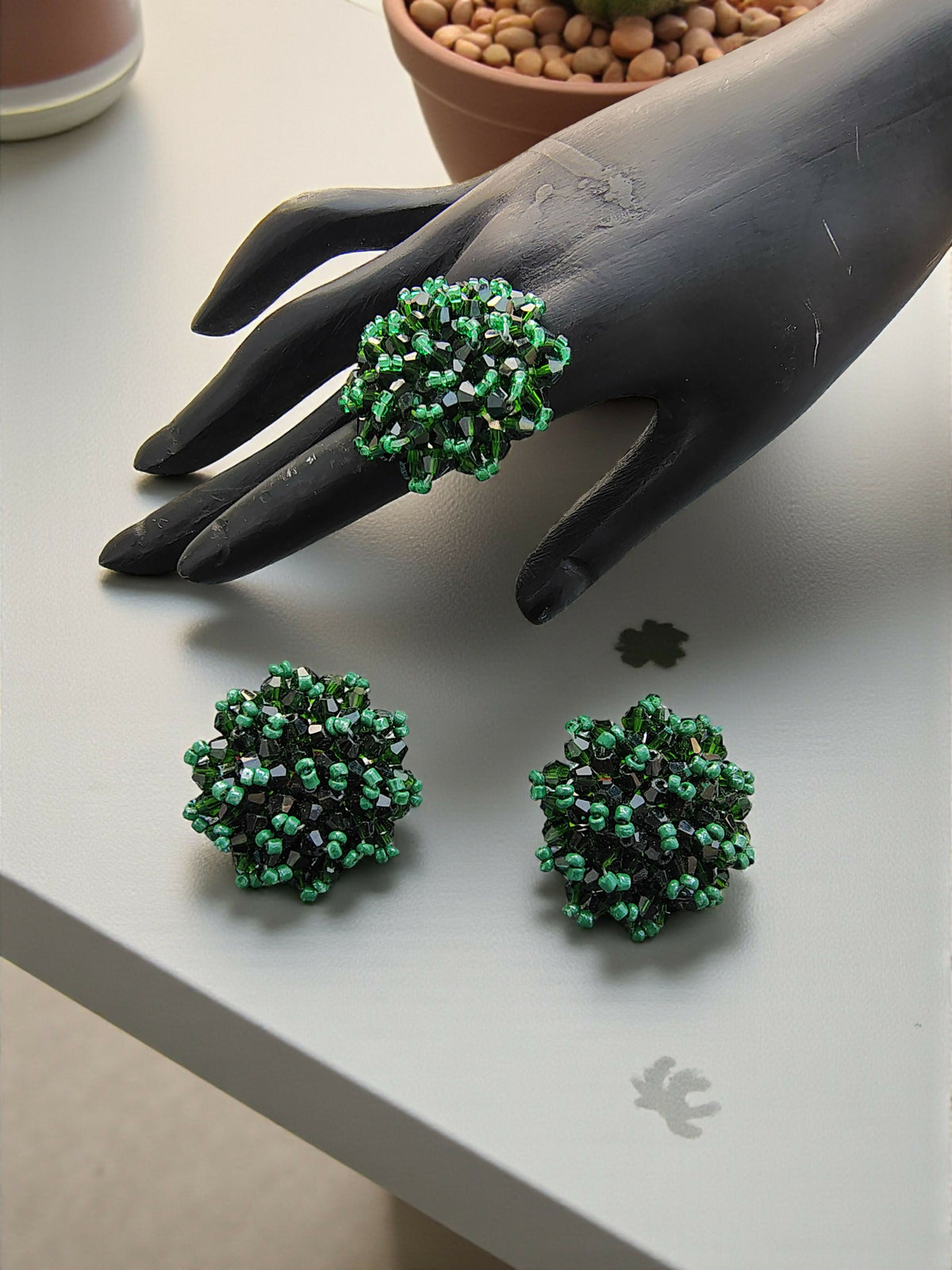 Inhanns Rangmani Crystal Duo – Adjustable Ring + Statement Earrings Set - Dark Green | Grocsy
