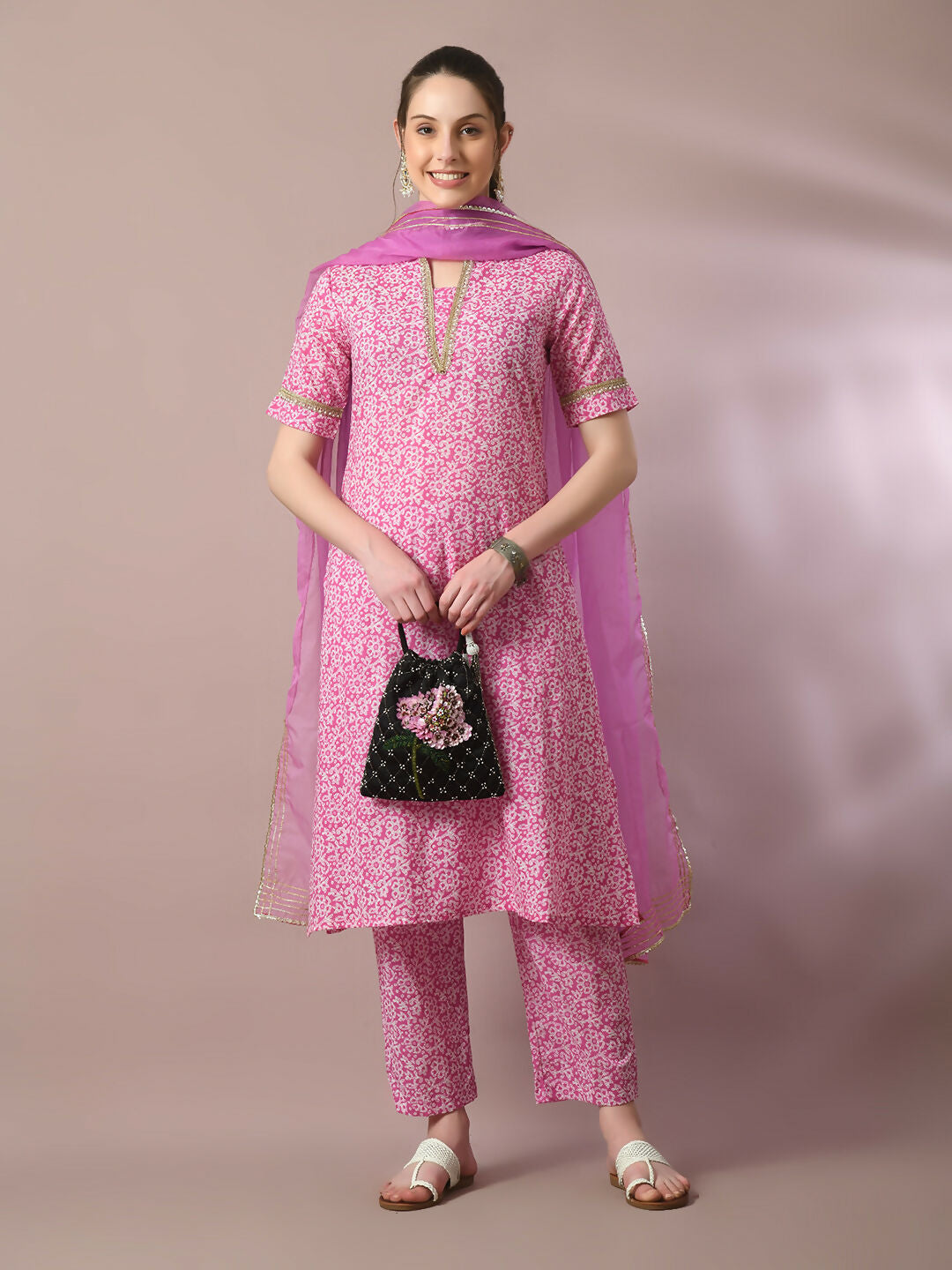 Myshka Women's Pink Printed Cotton Straight Party Kurta Set With Dupatta | Grocsy