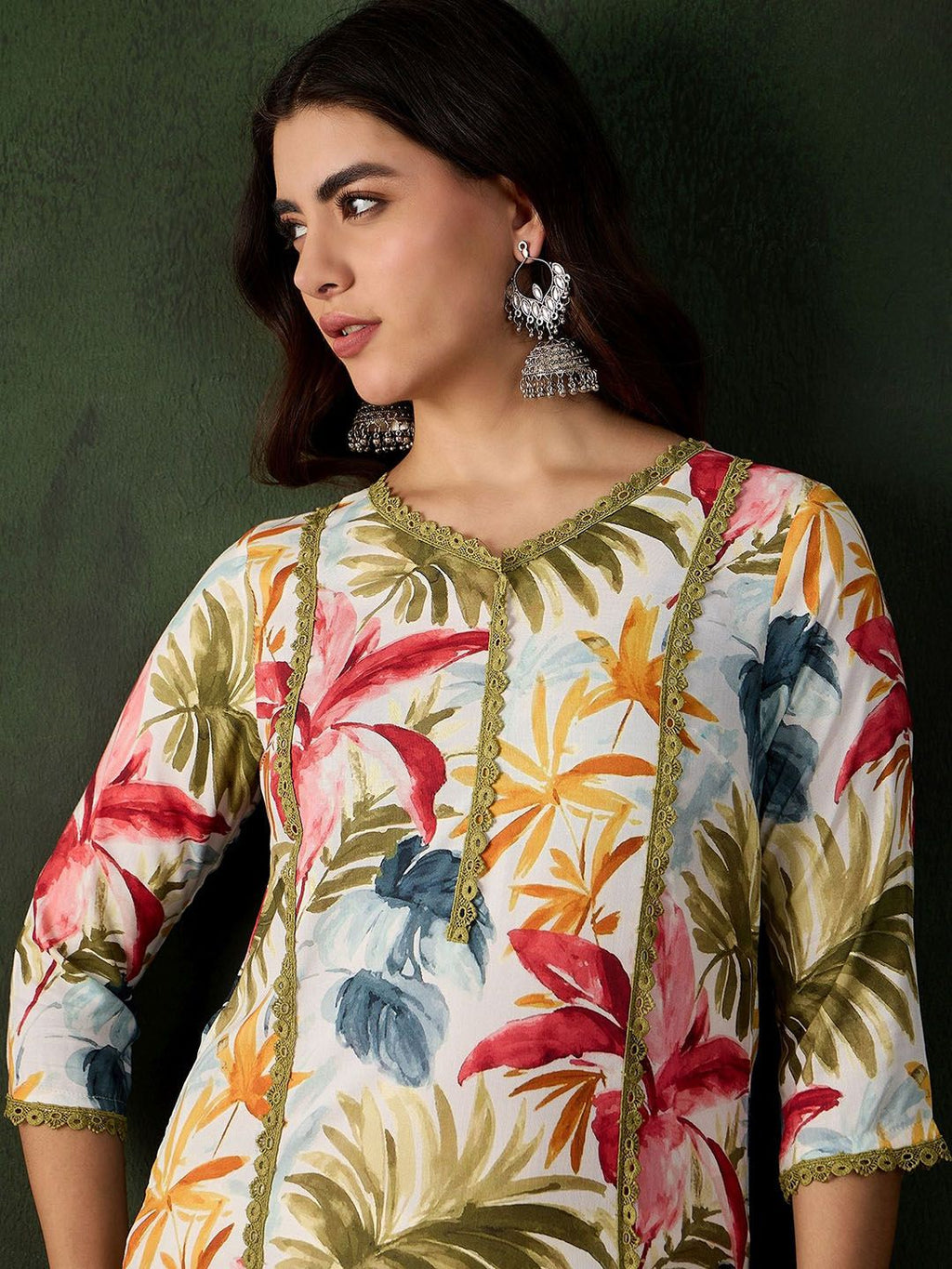 Sangria Floral Printed V-Neck Straight Kurta | Grocsy
