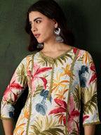 Sangria Floral Printed V-Neck Straight Kurta | Grocsy