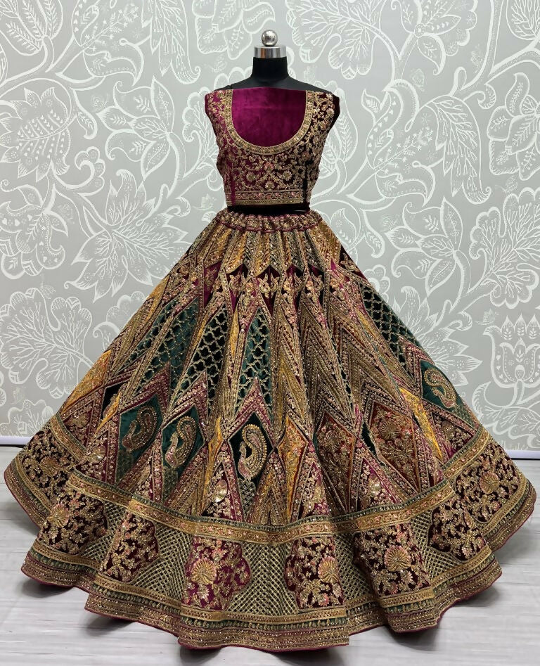 Jyoti Fashion Women's Multicolor Velvet Fancy Patch, Multi Thread Embroidered, Zircon Diamond, Sequins Work Wedding Lehenga Choli | Grocsy