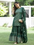 Juniper Green Mono Viscose Festive Wear Printed Straight Kurta Sharara Dupatta Set | Grocsy