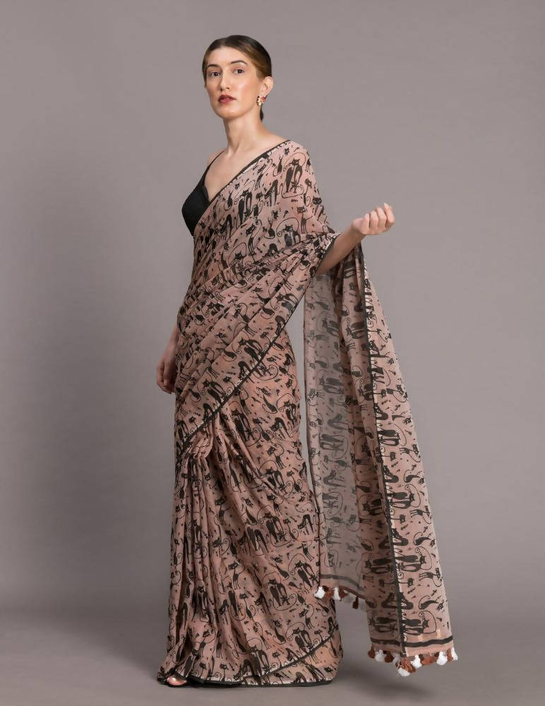 Suta Beige Black Pure Mul Cotton Printed Saree | Grocsy
