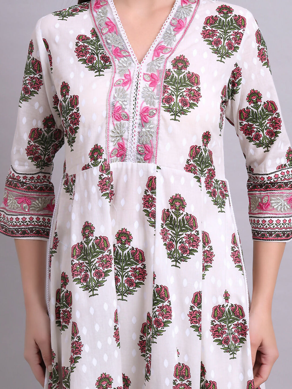 Joban Fashion Off White Cotton Buta Printed & Embroidery Work Anarkali Kurta With Trousers & Dupatta Set | Grocsy