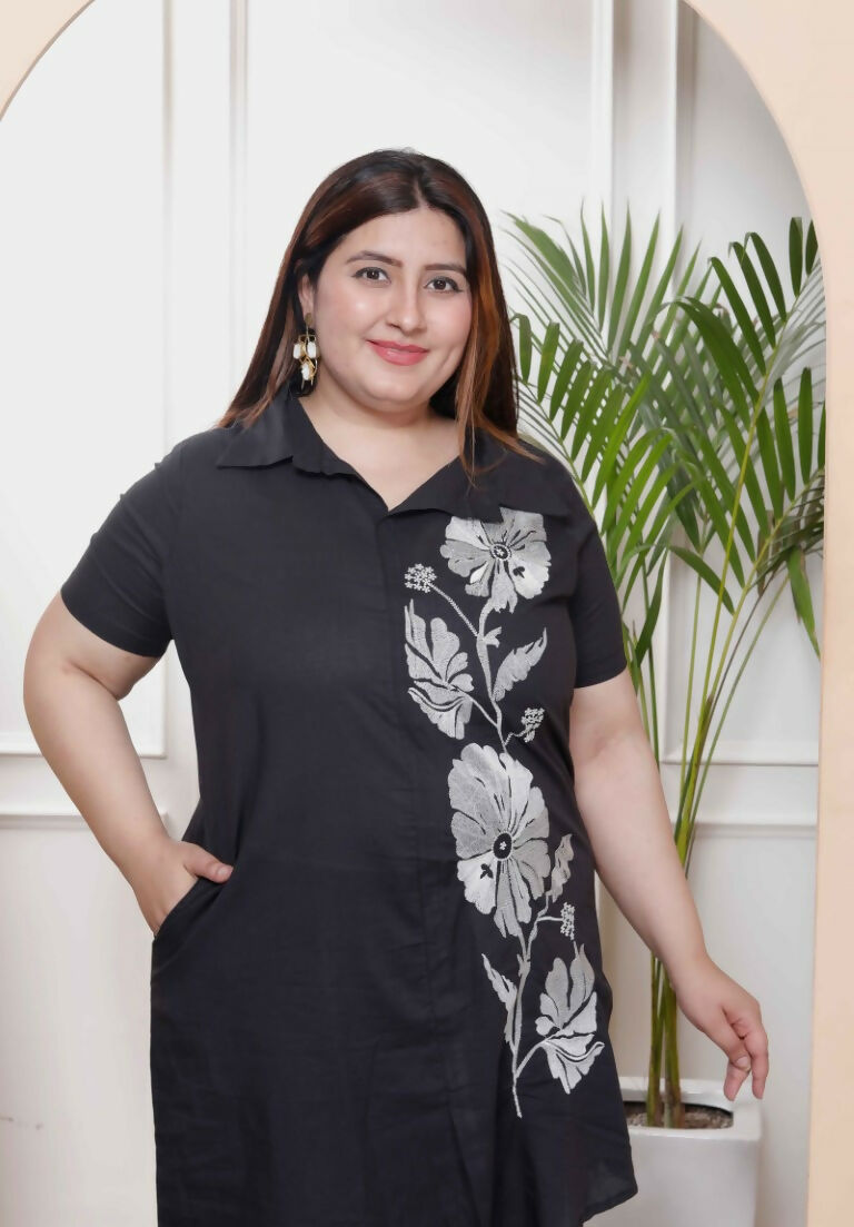 Miravan Women's Plus Size Black Pure Cotton Floral Embroidered High Low Co-Ord Set | Grocsy