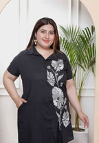 Miravan Women's Plus Size Black Pure Cotton Floral Embroidered High Low Co-Ord Set | Grocsy