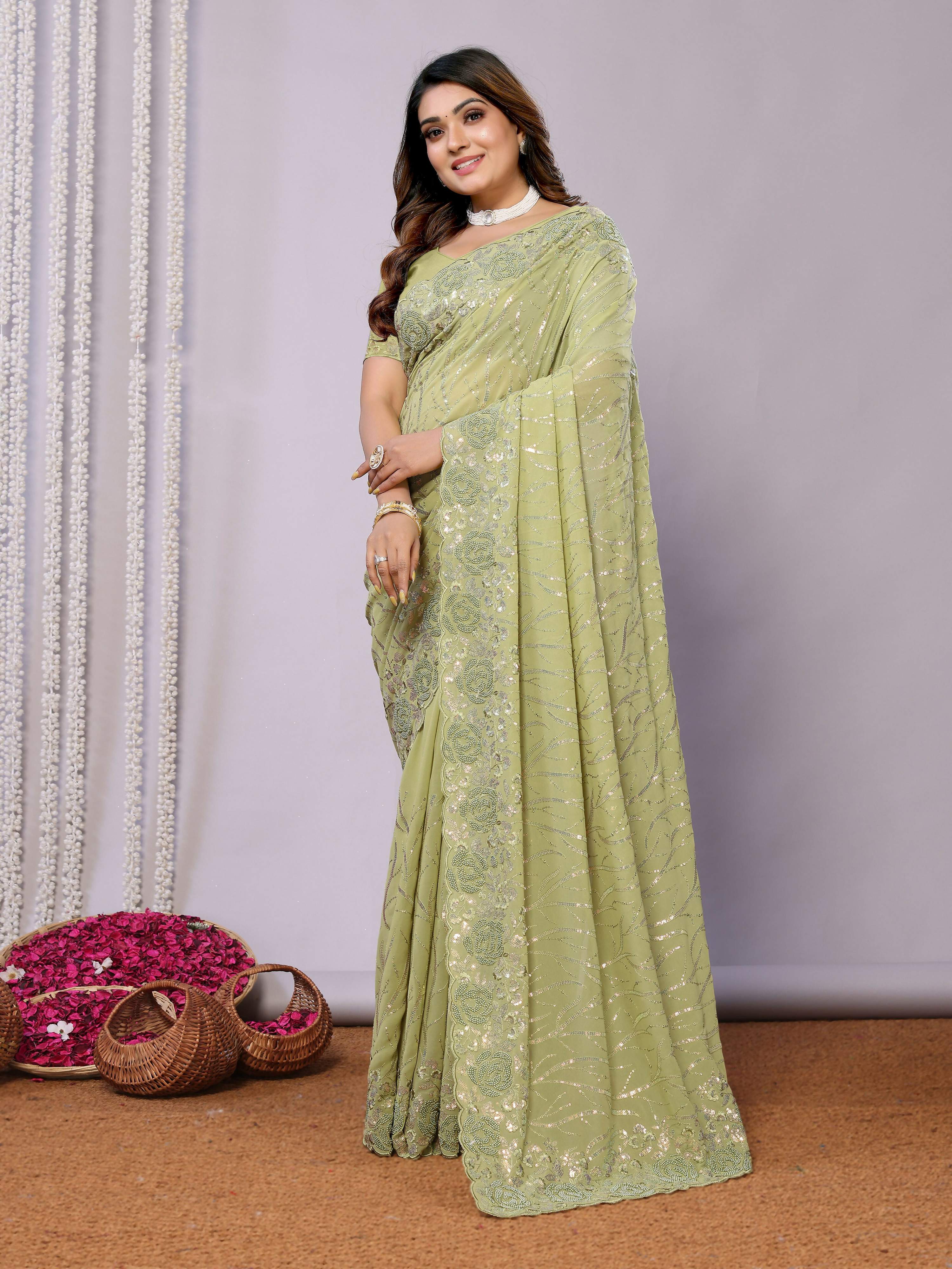 Green Pure Georgette Embroidered Saree With Stitched Blouse - Nimaya Kaksha | Grocsy