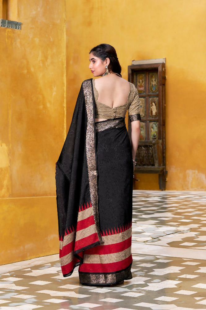 PR Fashion Black Poly Cotton Printed With Zari Weaving Work Saree | Grocsy