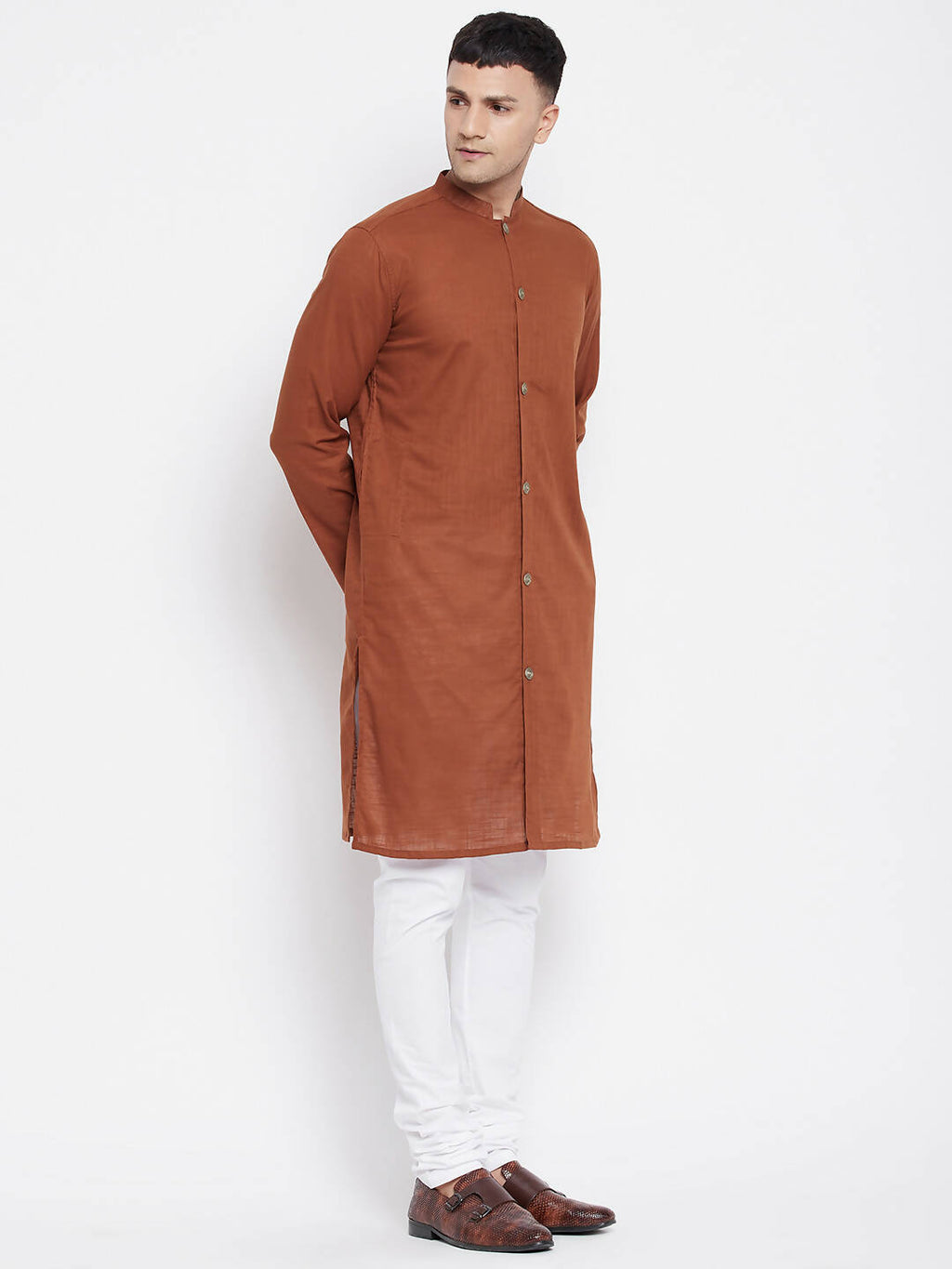 Even Apparels Brown Pure Cotton Men's Sherwani Kurta With Open Front | Grocsy