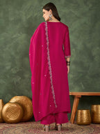 The52 Women's Gorgeous Embroidery Work Vichitra SIlk Fabric Flared Kurta Pant and Dupatta Set | Grocsy