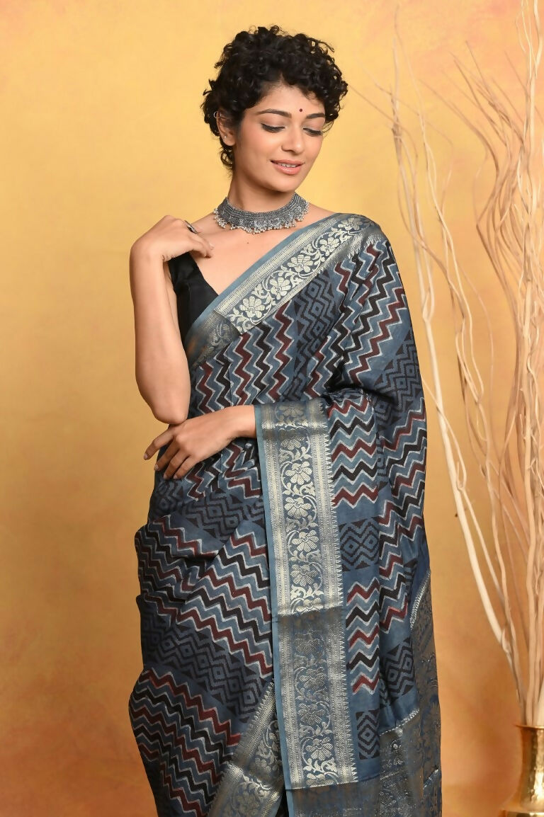 Very Much Indian Modal Silk Ajrakh Handblock Printed Natural Dyes With Designer Border Saree - Grey | Grocsy