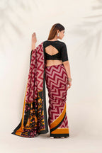 Vastranavya Maroon Tussar Silk Zigzag Waves Printed Saree with Unstitched Blouse | Grocsy
