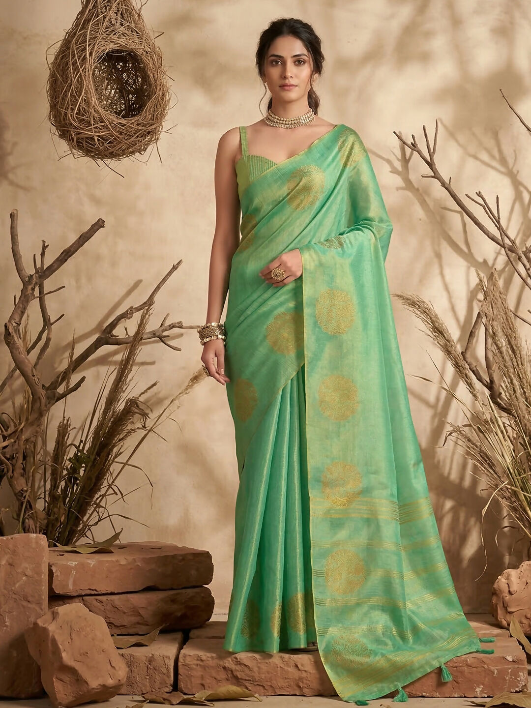 Shree Shyam Fashion Green Tissue Silk Saree | Grocsy