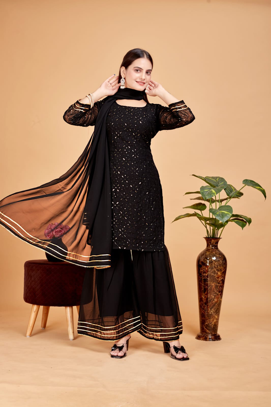 Women's A-Line Black Kurta and Sharara With Dupatta Set - A2M | Grocsy