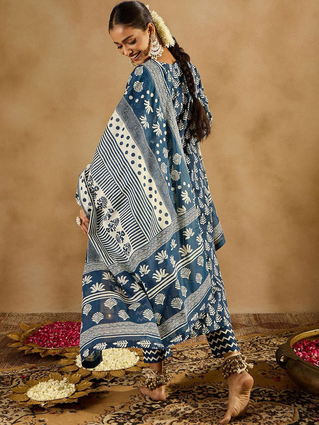 Indo Era Ethnic Motifs Printed Thread Work Pure Cotton Kurta with Trousers & Dupatta | Grocsy