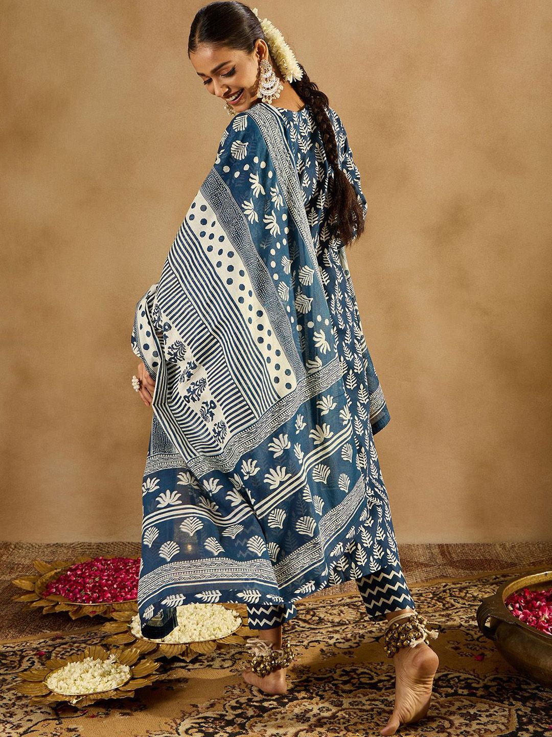 Indo Era Ethnic Motifs Printed Thread Work Pure Cotton Kurta with Trousers & Dupatta | Grocsy