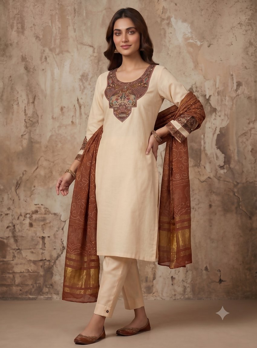Teeya Creation Women Cream Embroidered Straight Kurta With Rust Bandhani Dupatta And Pant Set | Grocsy