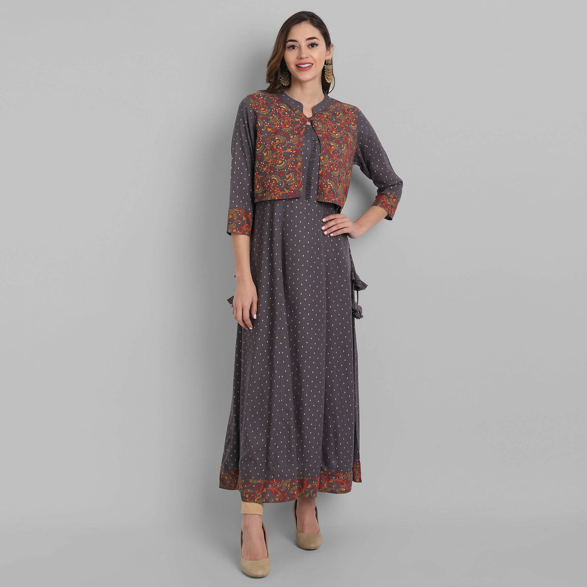 Juniper Women's Grey Rayon Printed Flared Dress | Grocsy