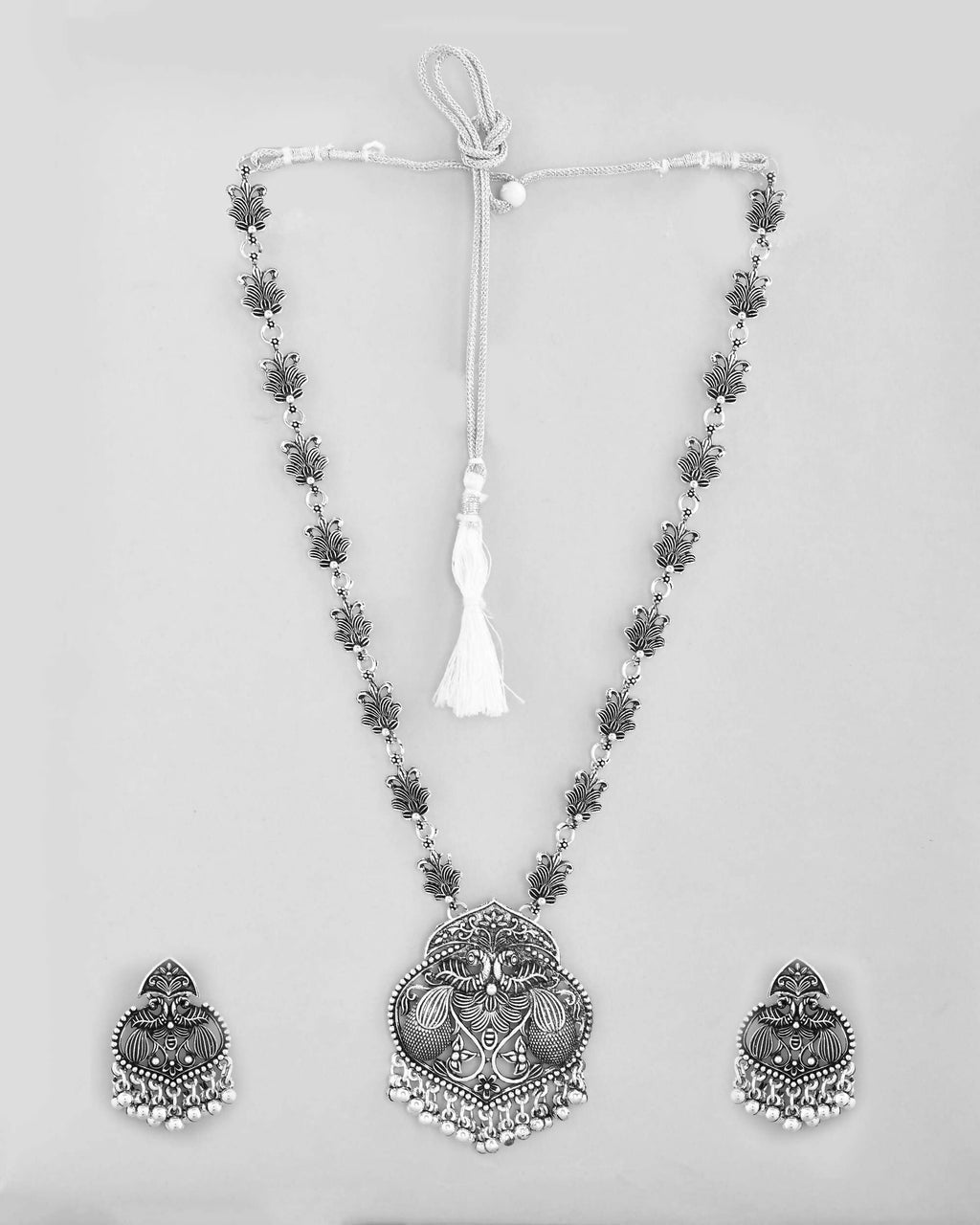 VOJ Silver Plated Oxidized Long Necklace with Earring Set | Grocsy