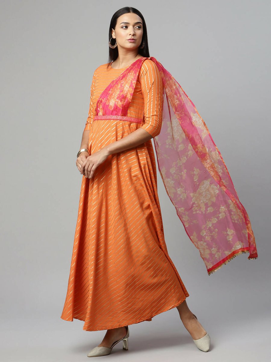 Ahalyaa Women's Orange Crepe Gold Print Dress | Grocsy