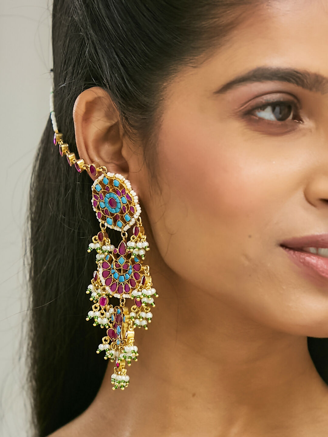Nuyug 22K Gold-Plated Kundan Studded & Pearl Beaded Crescent Shaped Kanauti Earrings | Grocsy