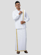 Ramraj Cotton Mens Poly Cotton 1" Gold Jari Dhoti With Towel Set - White | Grocsy