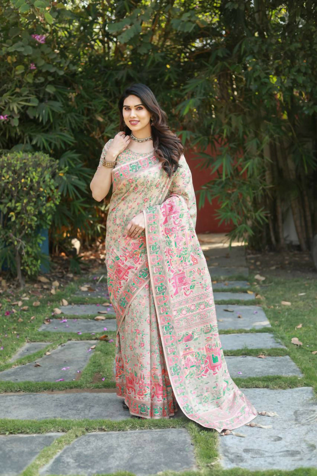 Vastranavya Luxury and Beautiful Soft, Smooth, Flowing Original Pashmina Soft Cotton Saree with Matching Blouse Fabric - Cream | Grocsy
