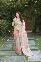 Vastranavya Luxury and Beautiful Soft, Smooth, Flowing Original Pashmina Soft Cotton Saree with Matching Blouse Fabric - Cream | Grocsy