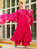 Janasya Pink Georgette Foil Print Kurta,Bottom & Dupatta | Grocsy
