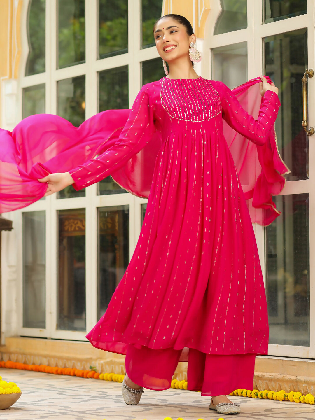 Janasya Pink Georgette Foil Print Kurta,Bottom & Dupatta | Grocsy