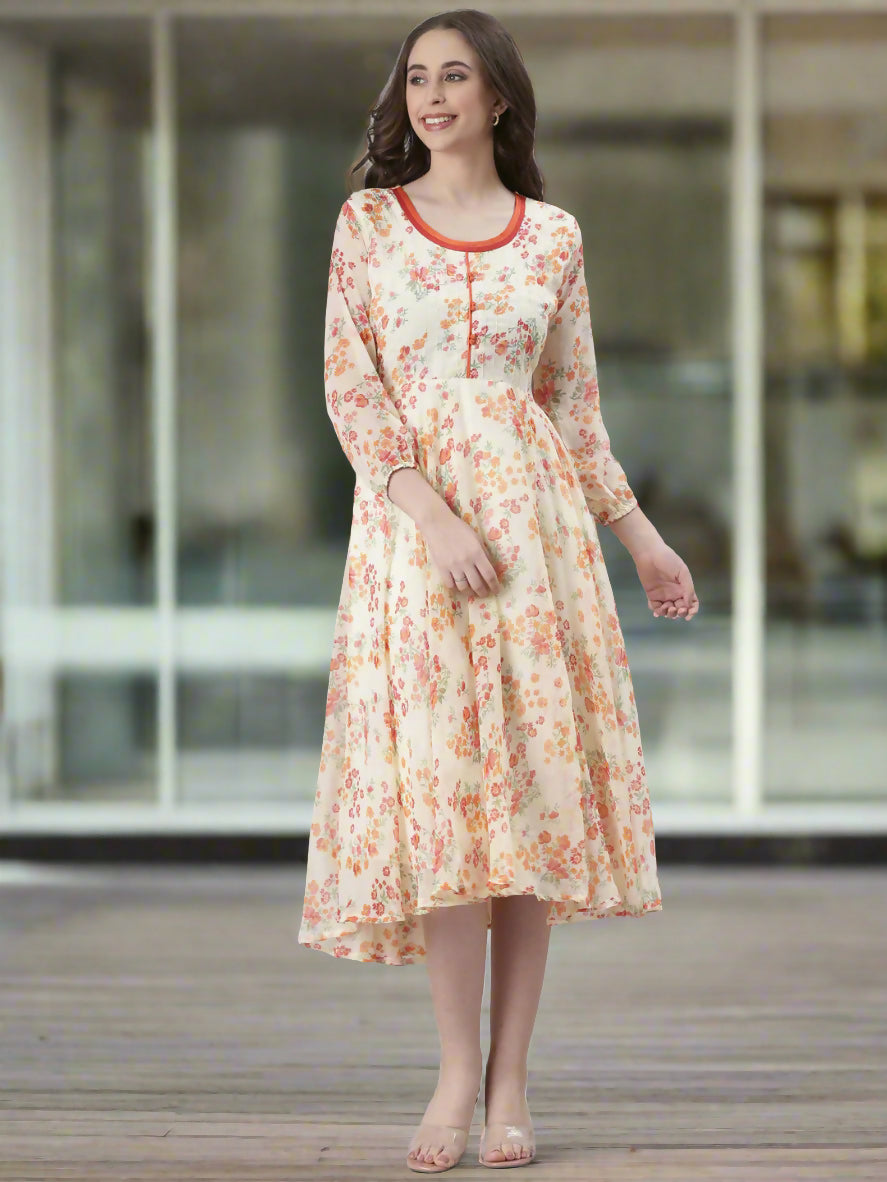 Souchii Cream Floral Printed Fit & Flare Dress | Grocsy